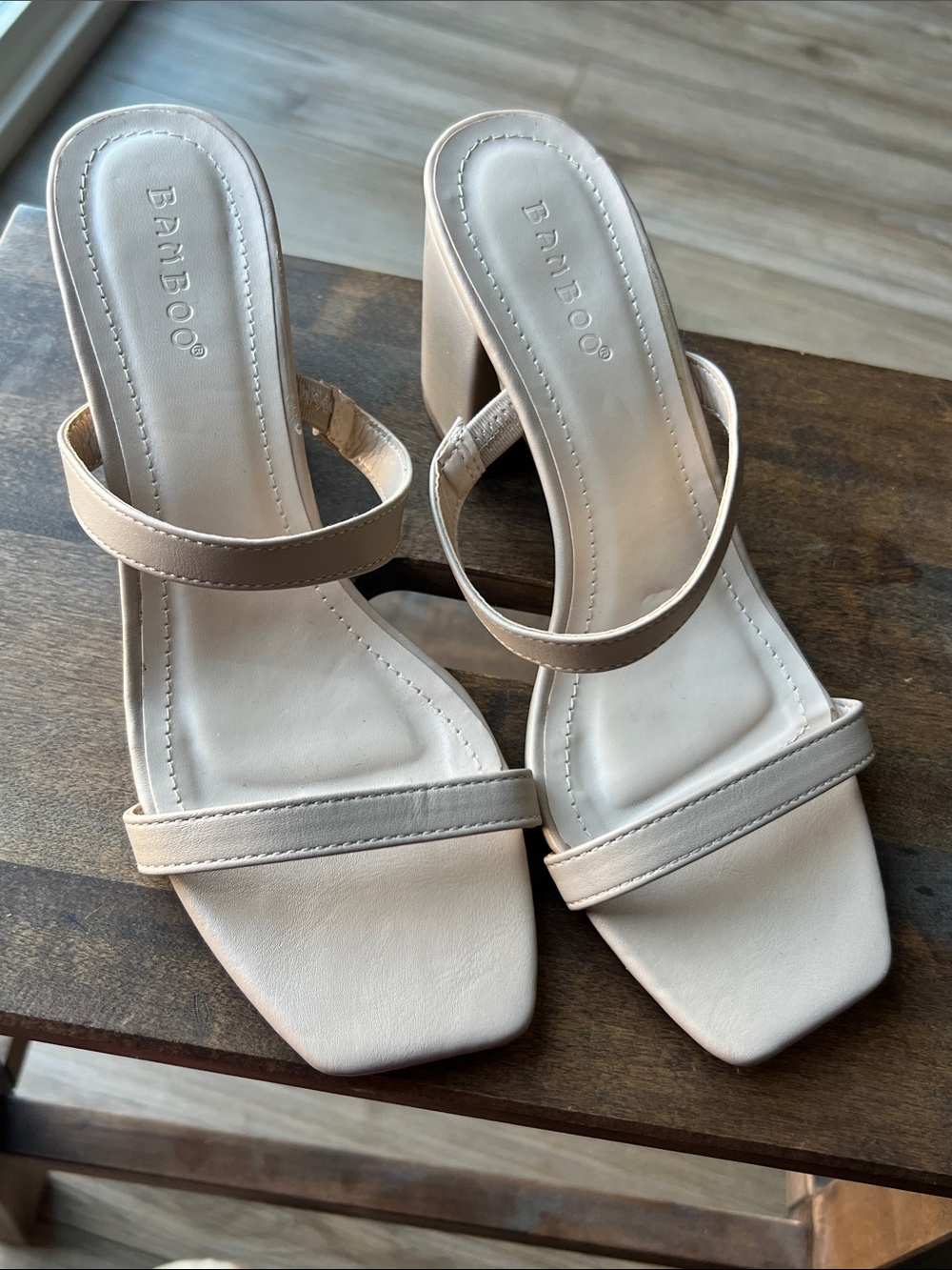 BAMBOO Cream Square-Toe Strappy Block Heel Sandals